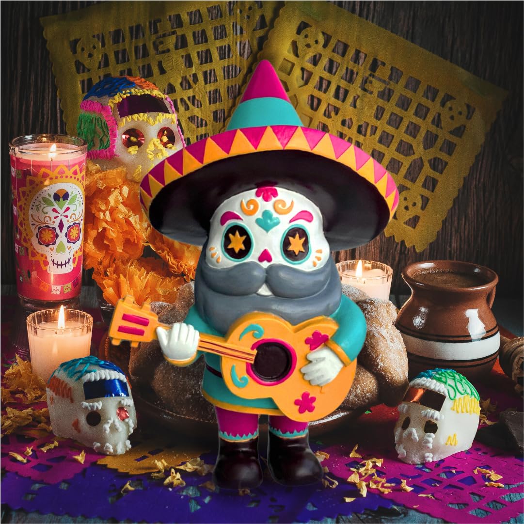 Resin texture close-up on El Mariachi gnome, durable outdoor finish.