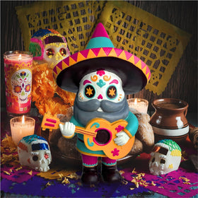Resin texture close-up on El Mariachi gnome, durable outdoor finish.