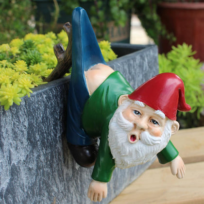 Pujipu gnome figure plant pot hanger on a fence adds whimsical charm to small planters