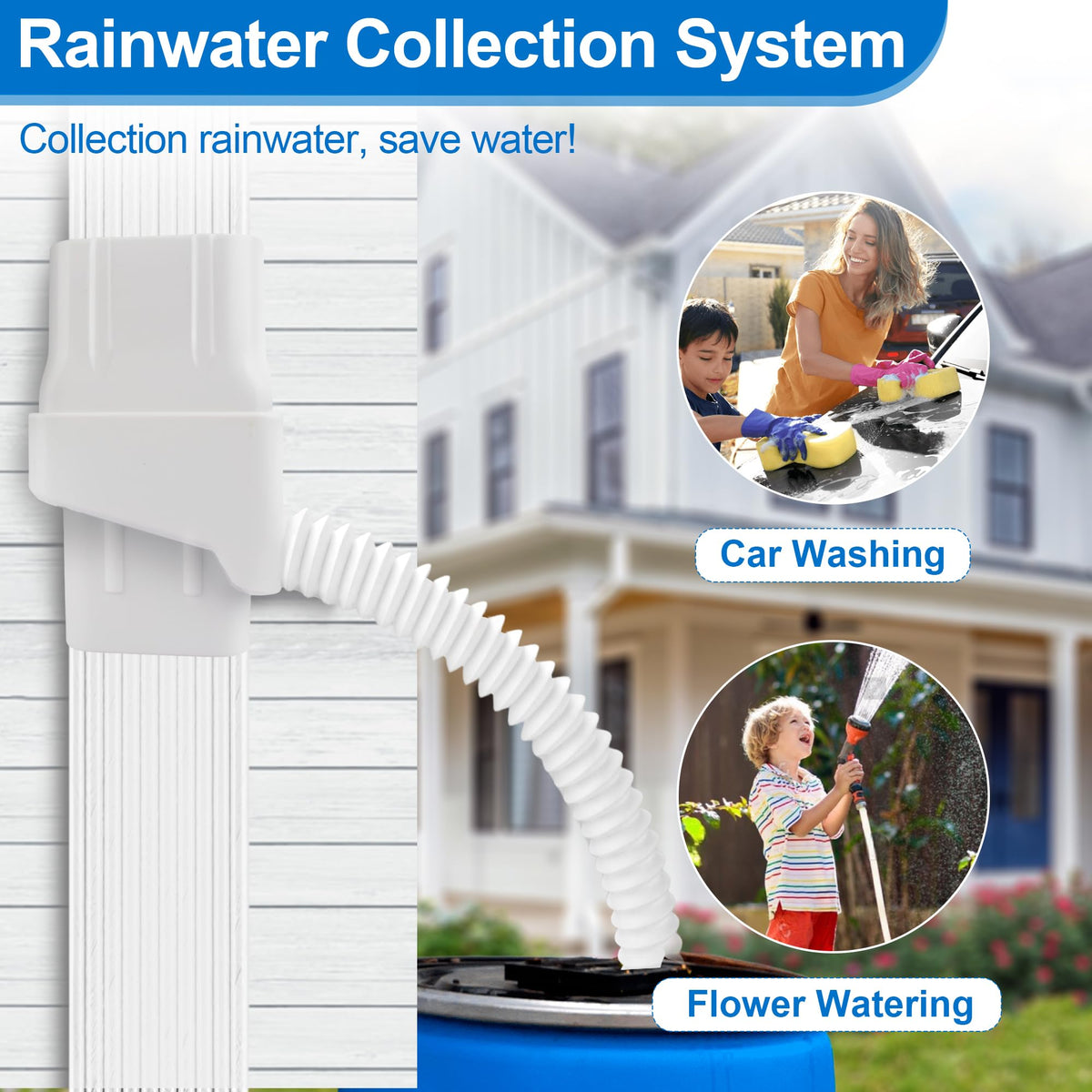 Pulems 39-inch rainwater hose connected to a barrel for efficient diversion