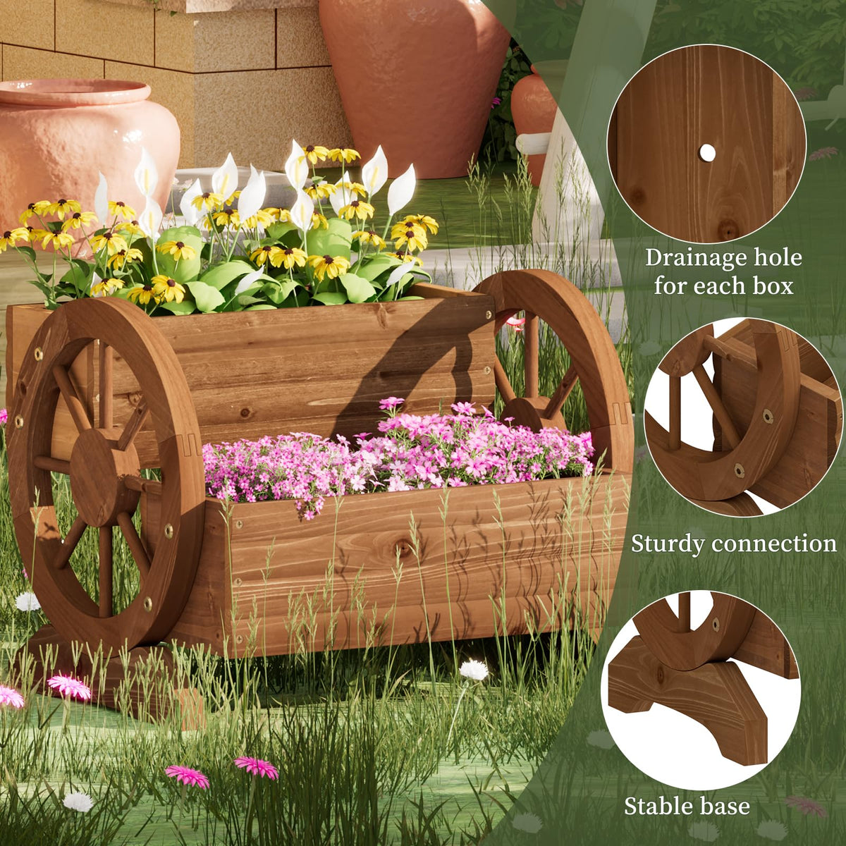 PULIJIAJU decorative wagon planter brown adds rustic charm to patios and balconies.