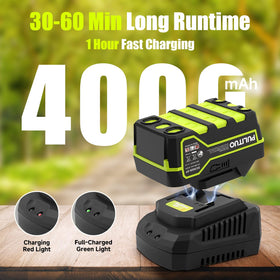 Fast charger speeds up power for uninterrupted yard work.