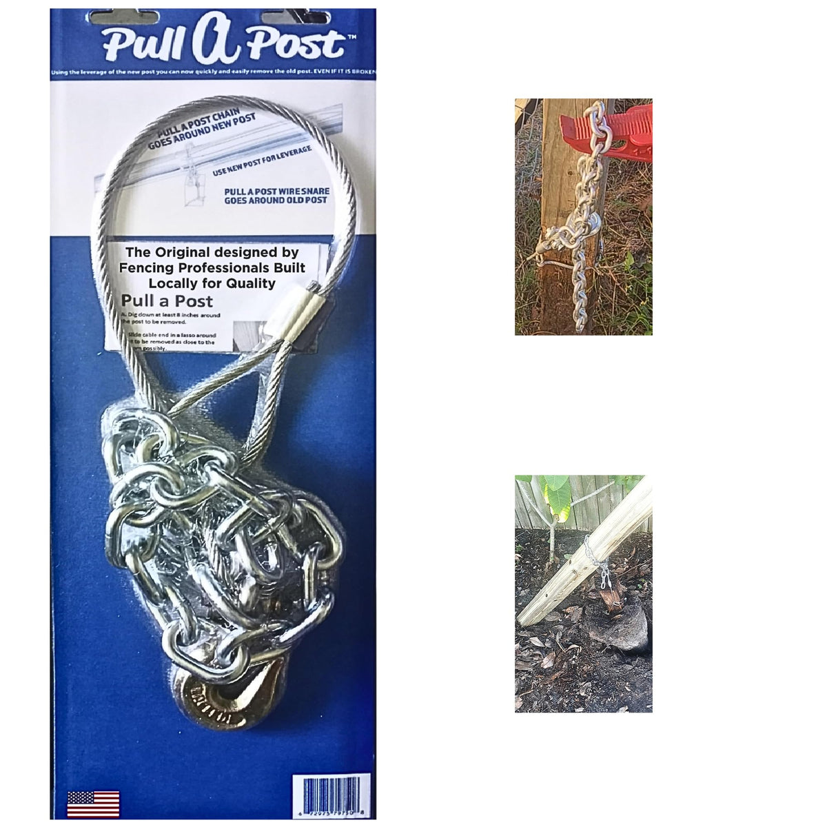 Pull A Post upgraded tool with cable closeup showing 5,600 lb breaking strength for tough posts