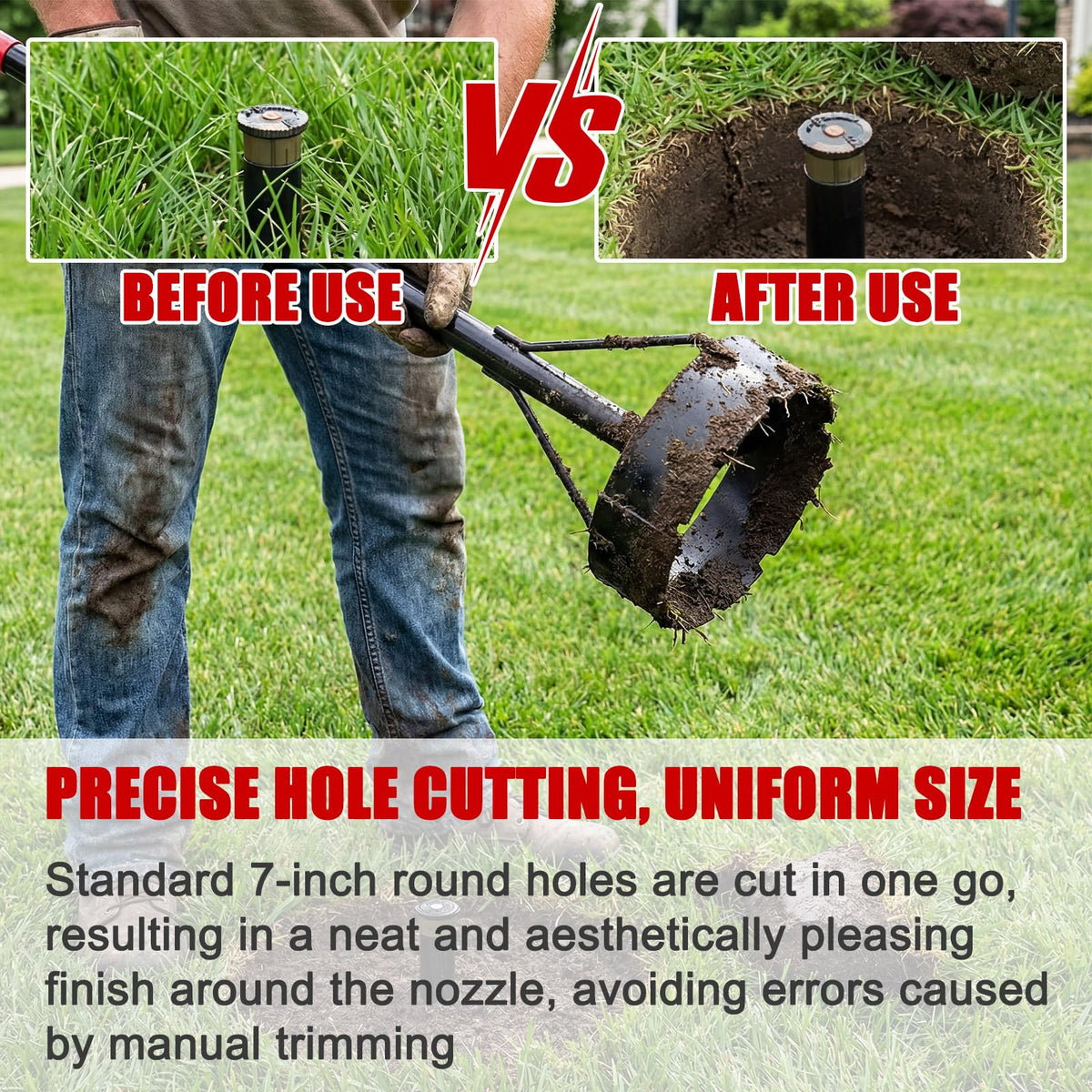 PullCrease deep mowing depth enables clearing grasses around sprinkler bases.