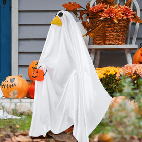 PullCrease porch goose costume with elastic hat strap for secure outdoor display