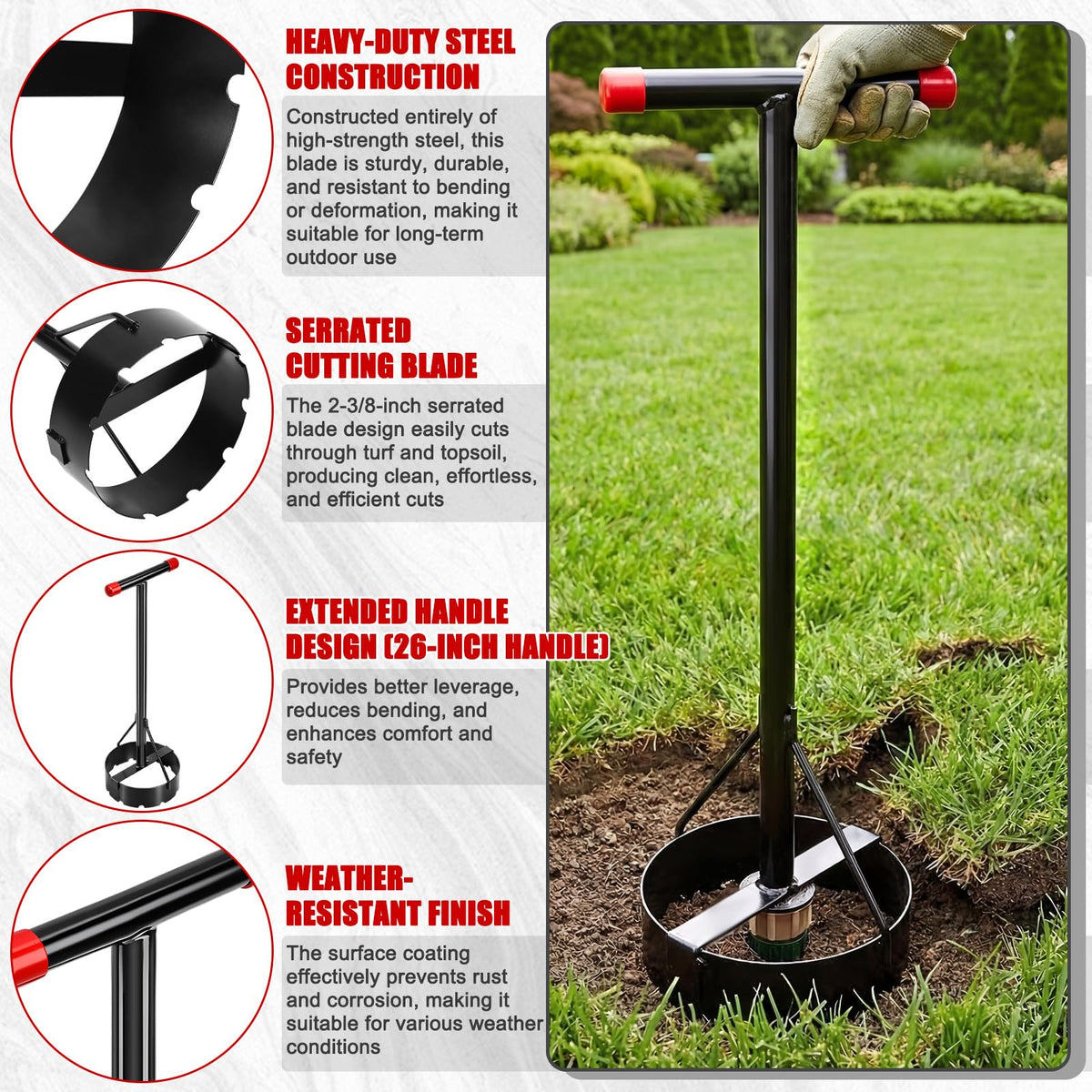 PullCrease Sprinkler Donut Cutter with vinyl-coated handle for comfortable grip during trimming.