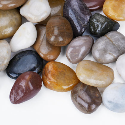 Pulovin river rocks polished one-and-a-half-inch brown gray enhance garden shine and curb appeal.
