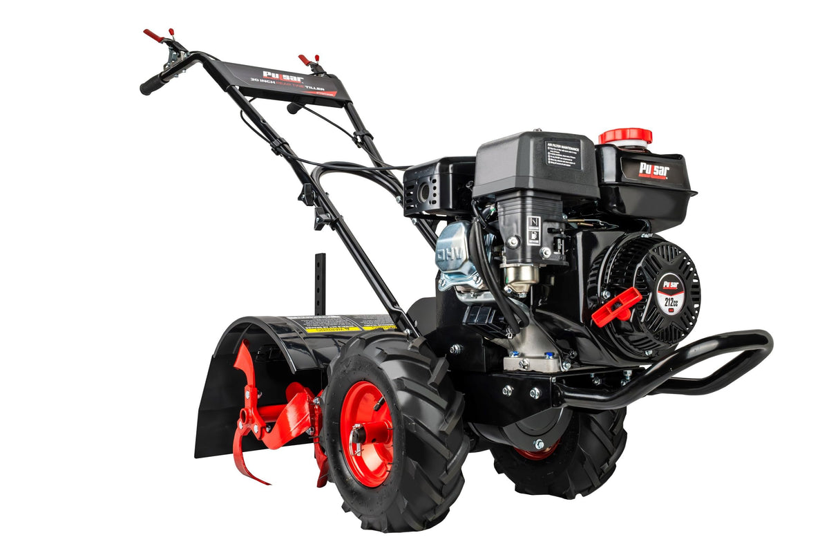 Pulsar 212cc tiller engine close-up showing powerful soil prep