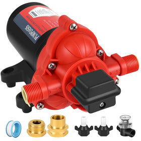 Pumpoasis 12V sprayer pump front view shows a compact, robust unit ready for field use.