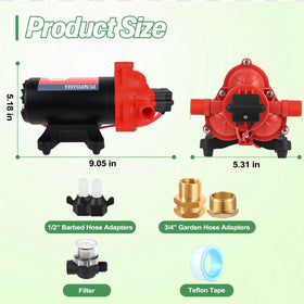 Pumpoasis inlet filter and adapters illustrate debris protection and flexible connections.