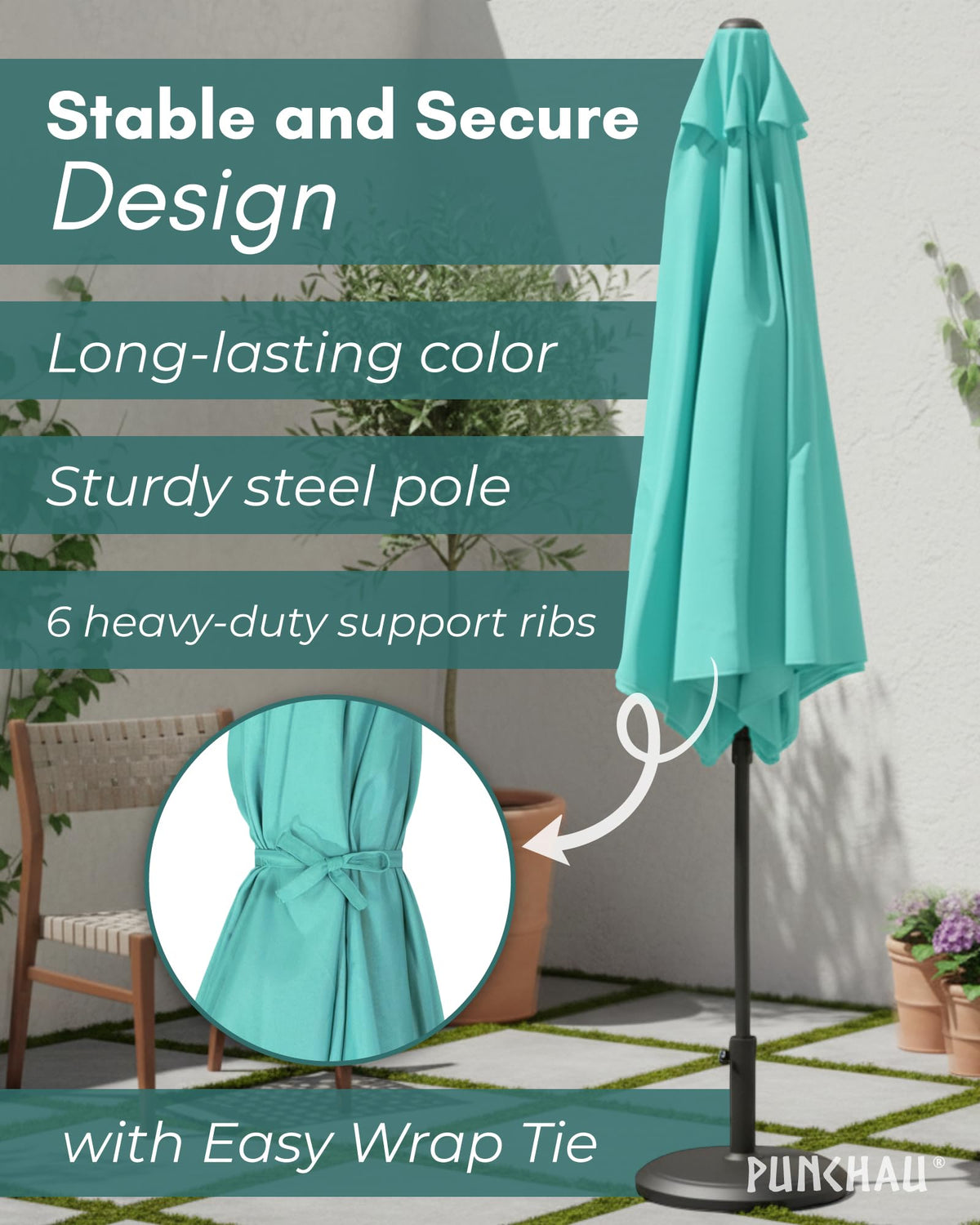 Punchau umbrella with 6 ft diameter covers a generous patio area.