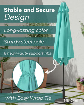Punchau umbrella with 6 ft diameter covers a generous patio area.