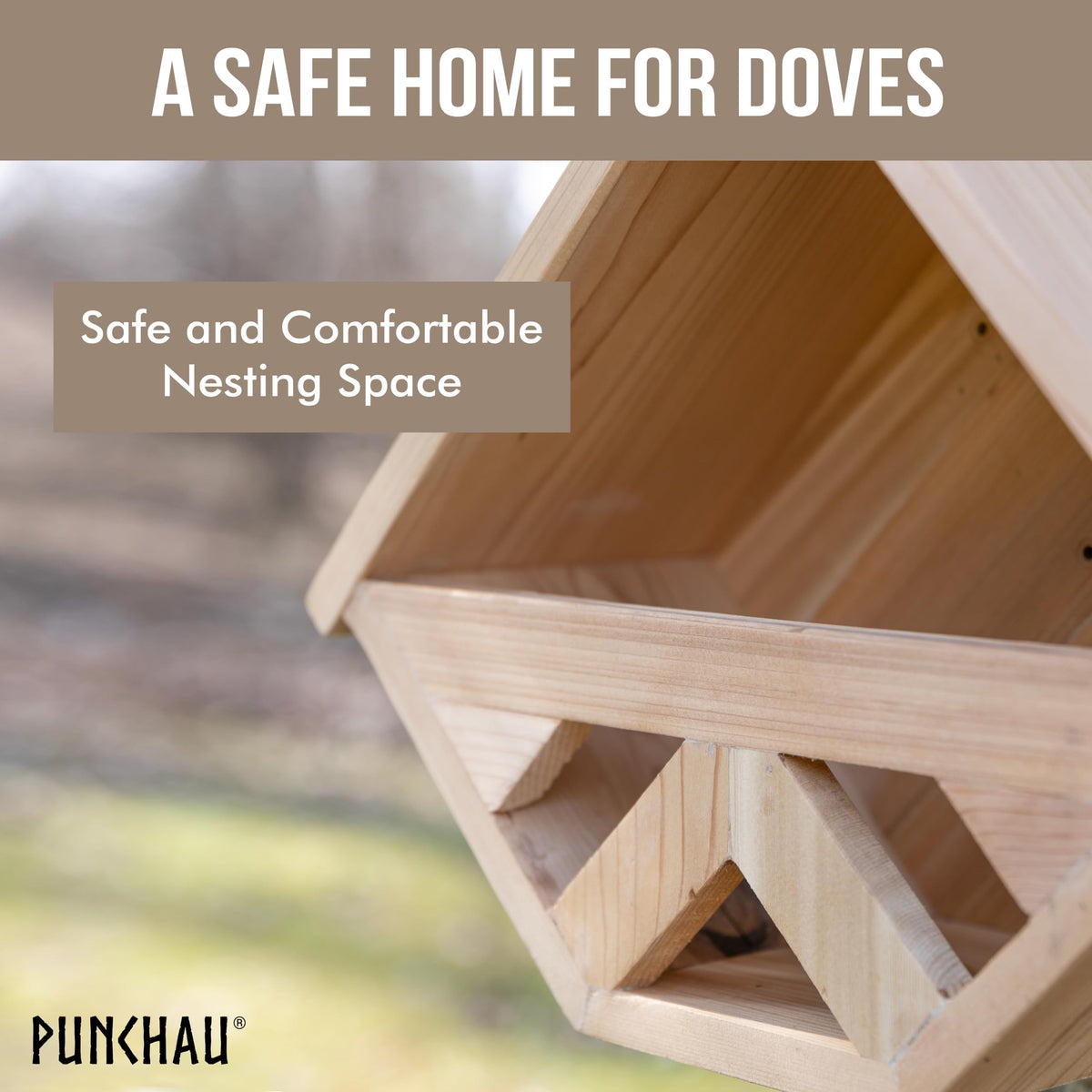 Punchau nesting box with natural shingles adding rustic garden appeal.