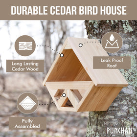 Close-up of rough-cut cedar on the Punchau nesting box showing natural texture.