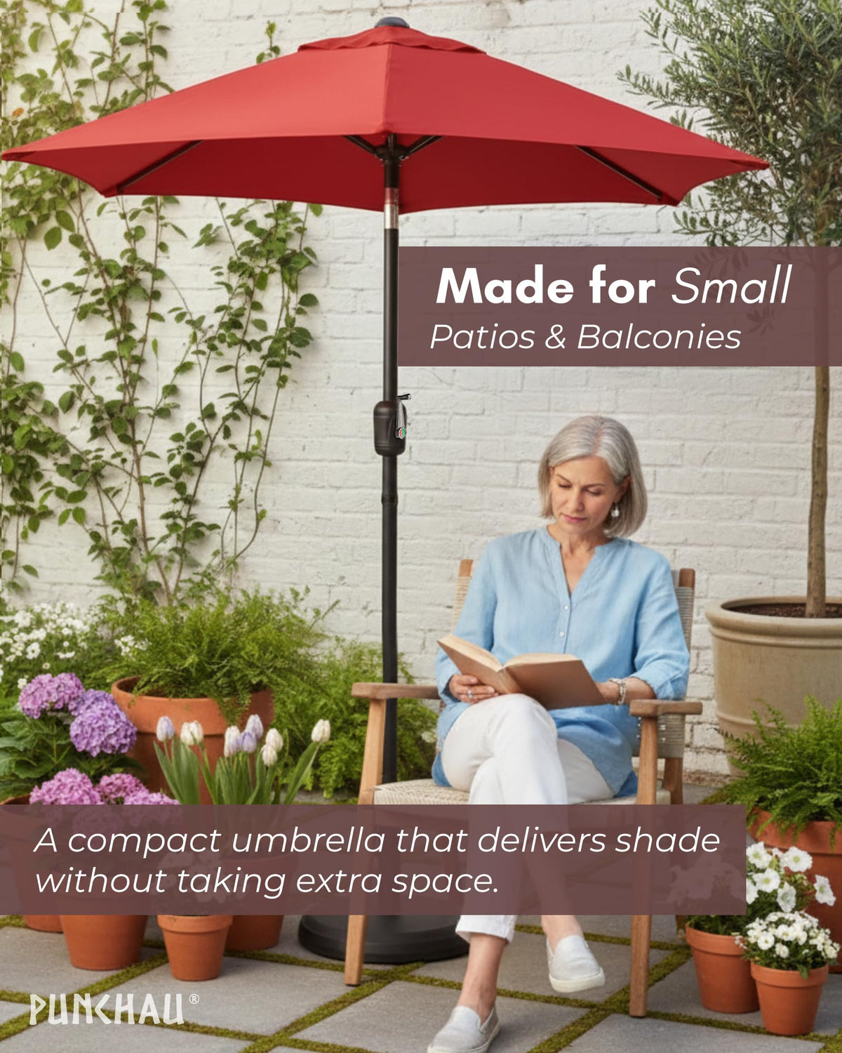 Punchau easy to use patio umbrella with crank and tilt for optimal sun coverage.