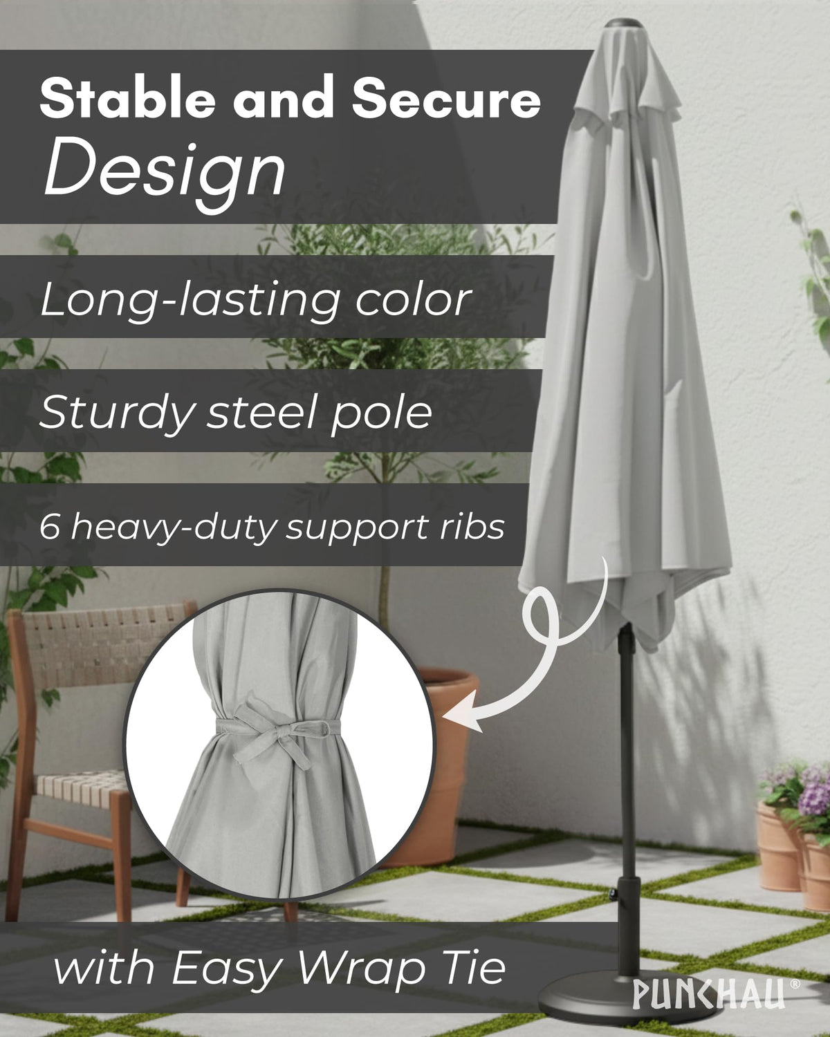 Weather-resistant design suitable for sun and light showers on patios