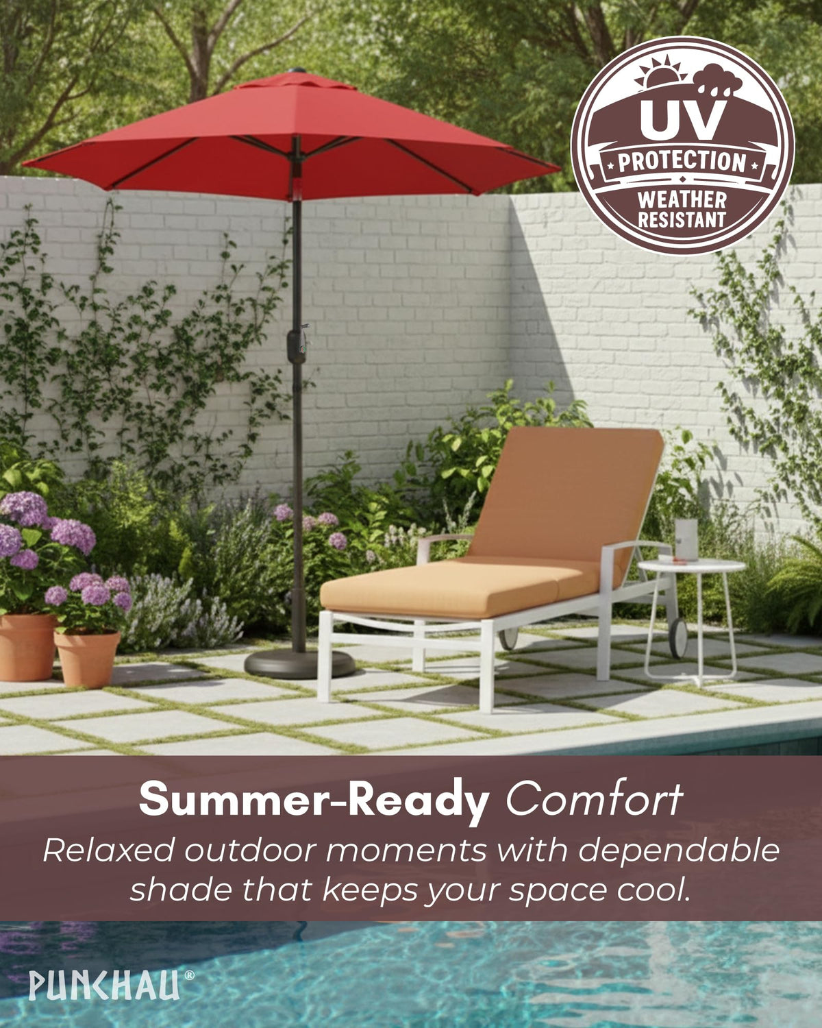 Punchau patio umbrella ready for patios decks and poolside setups.