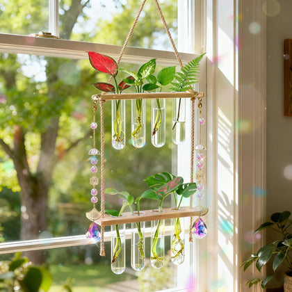 Puoqu hanging propagation station on beige wooden stand for indoor plant propagation.