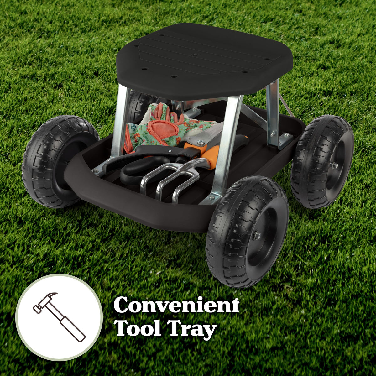 Pure Garden durable 3-inch plastic wheels handle most garden terrains.
