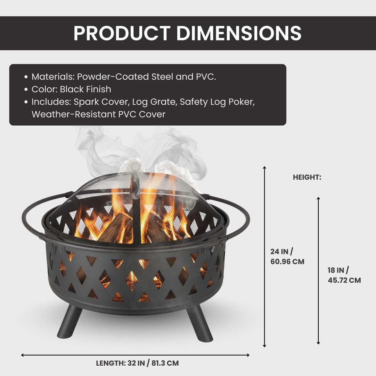 Pure Garden 32inch fire pit dimensions show stable footprint