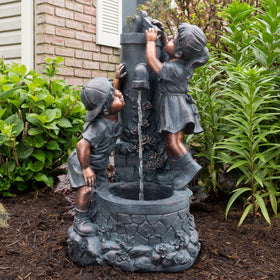 Pure Garden outdoor fountain with boy and girl figures in antique bronze for tranquil decor