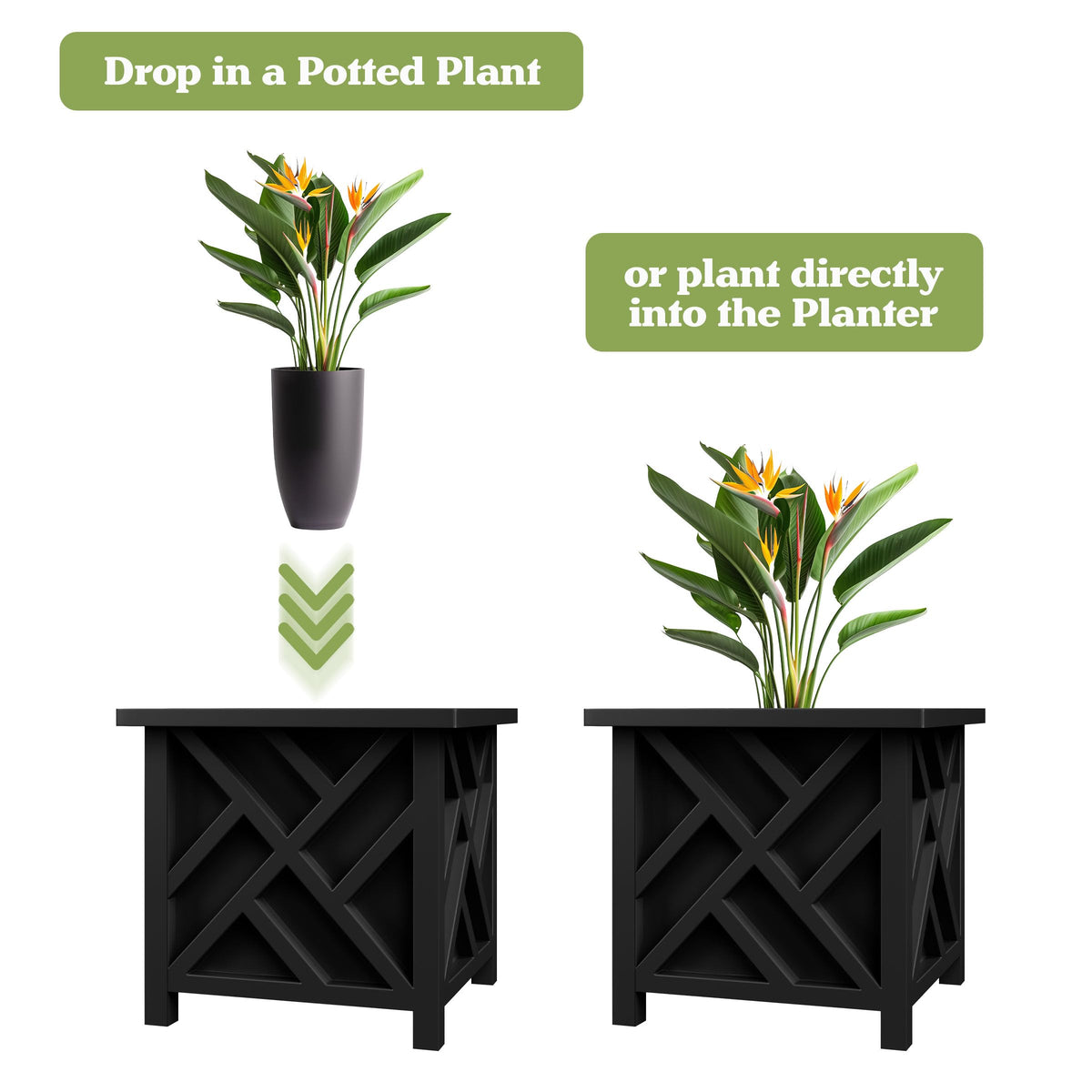 Pure Garden lattice-planter-box open-bottom with insert option enables soil filling.