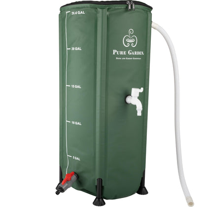 Pure Garden rain barrel under downspout gathers rainwater for garden watering.