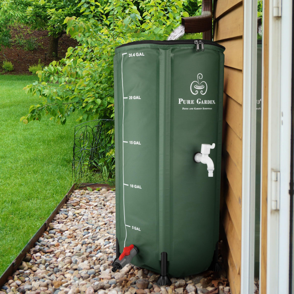 Pure Garden rain barrel green color blends with garden spaces.