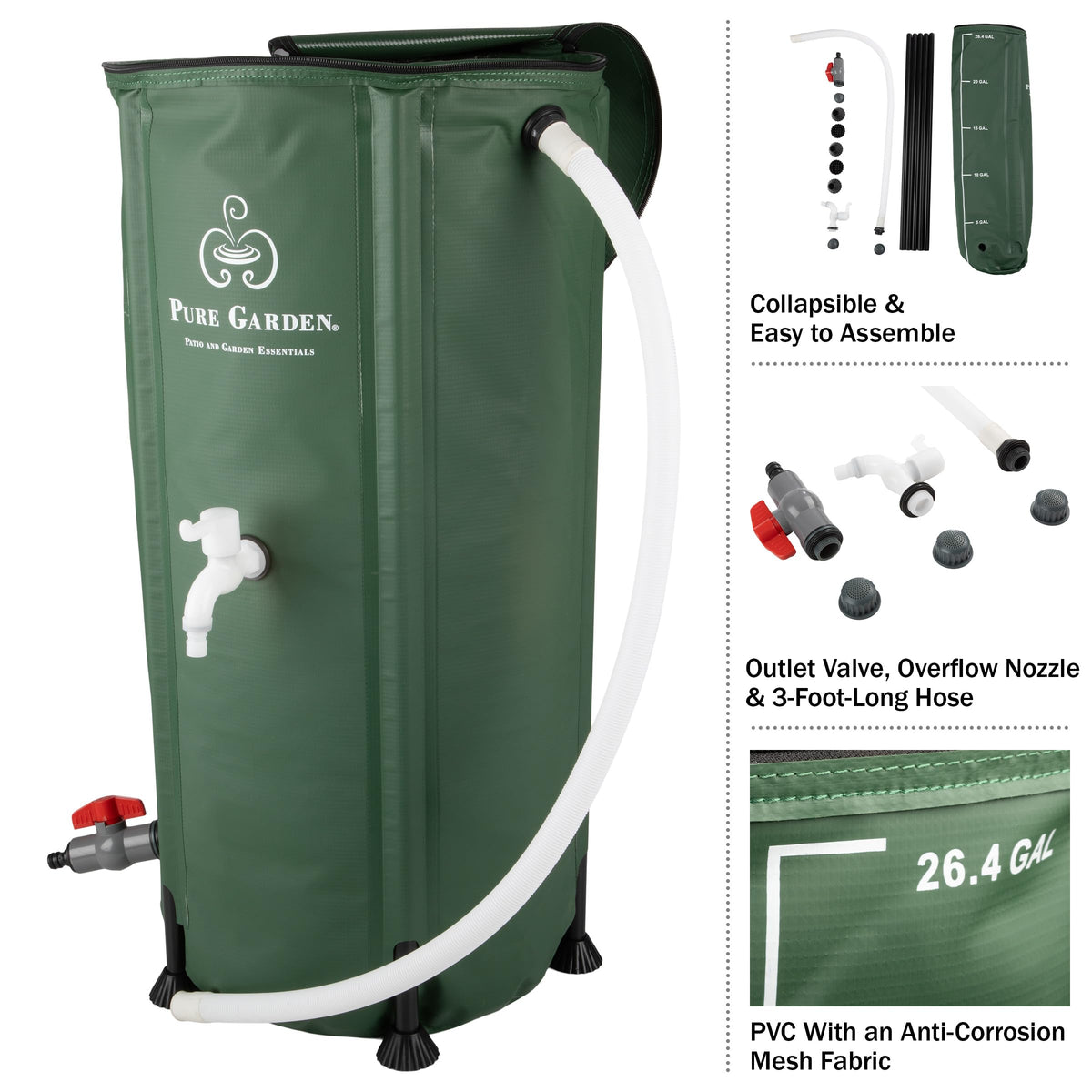 Pure Garden rain barrel with spigot and hose ready for easy watering.