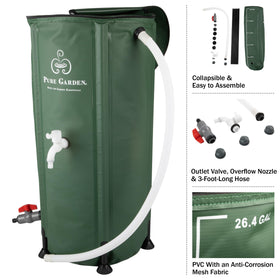 Pure Garden rain barrel with spigot and hose ready for easy watering.