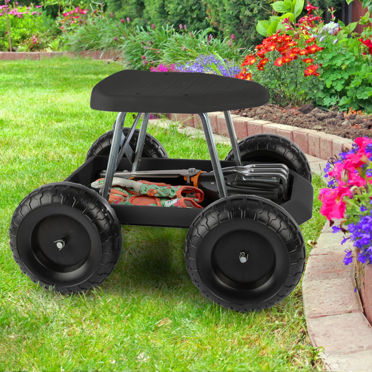 Pure Garden tool tray under seat stores accessories and supplies.