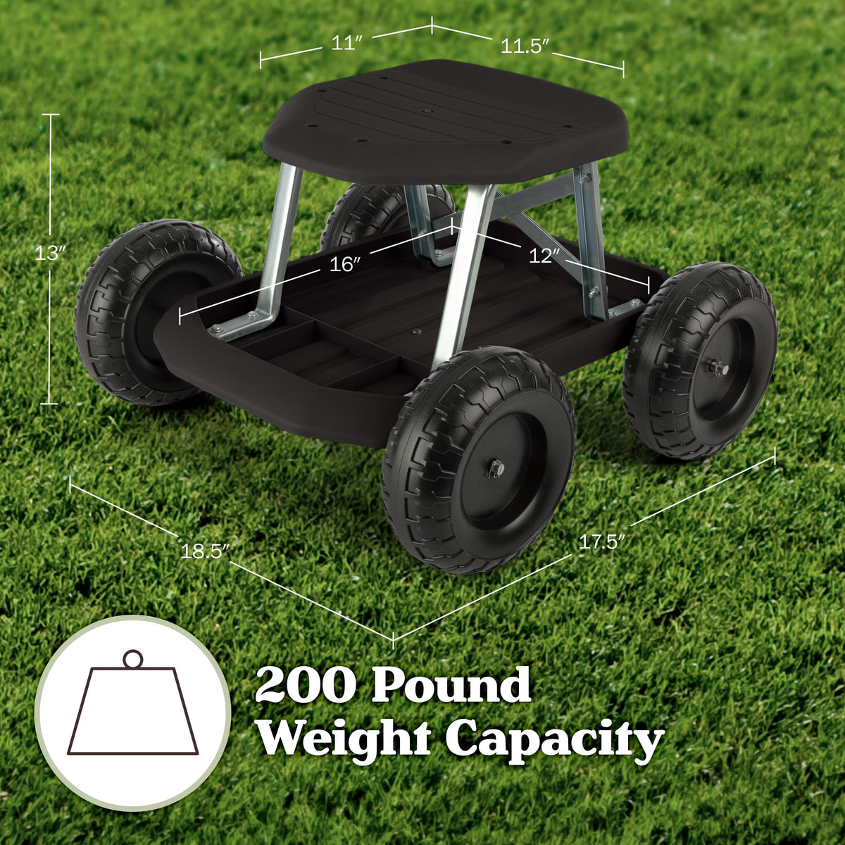 Pure Garden tool tray under-seat keeps small tools within reach.