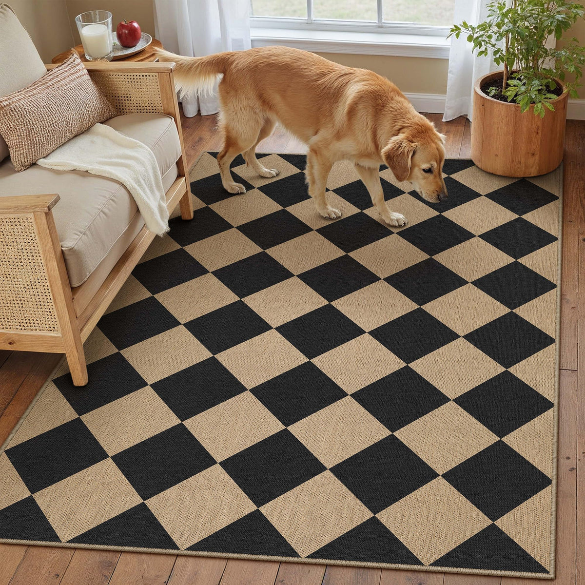 PureCozy 3x5 checkered rug in backyard patio setup for outdoor durability