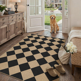 PureCozy 3x5 checkered rug in bedroom with neutral tones complementing decor