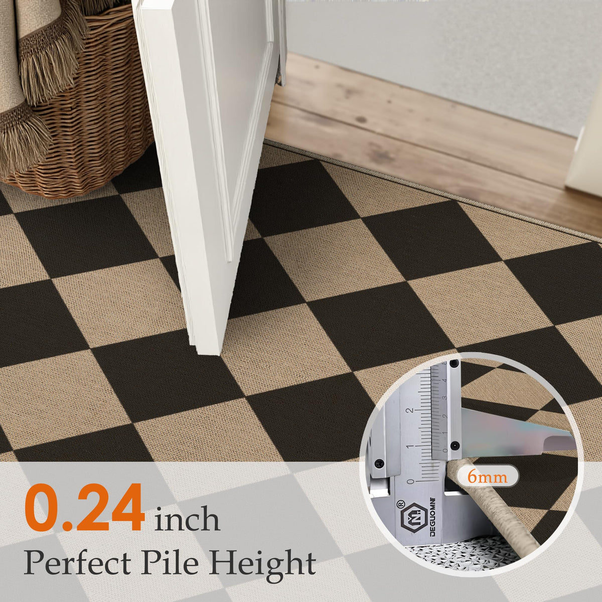 PureCozy 3x5 checkered rug on doorway scene highlighting versatile transition