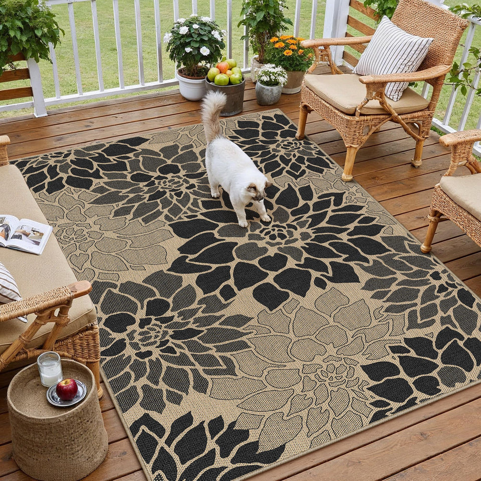 PureCozy 3x5 rug with black floral texture for outdoor spaces