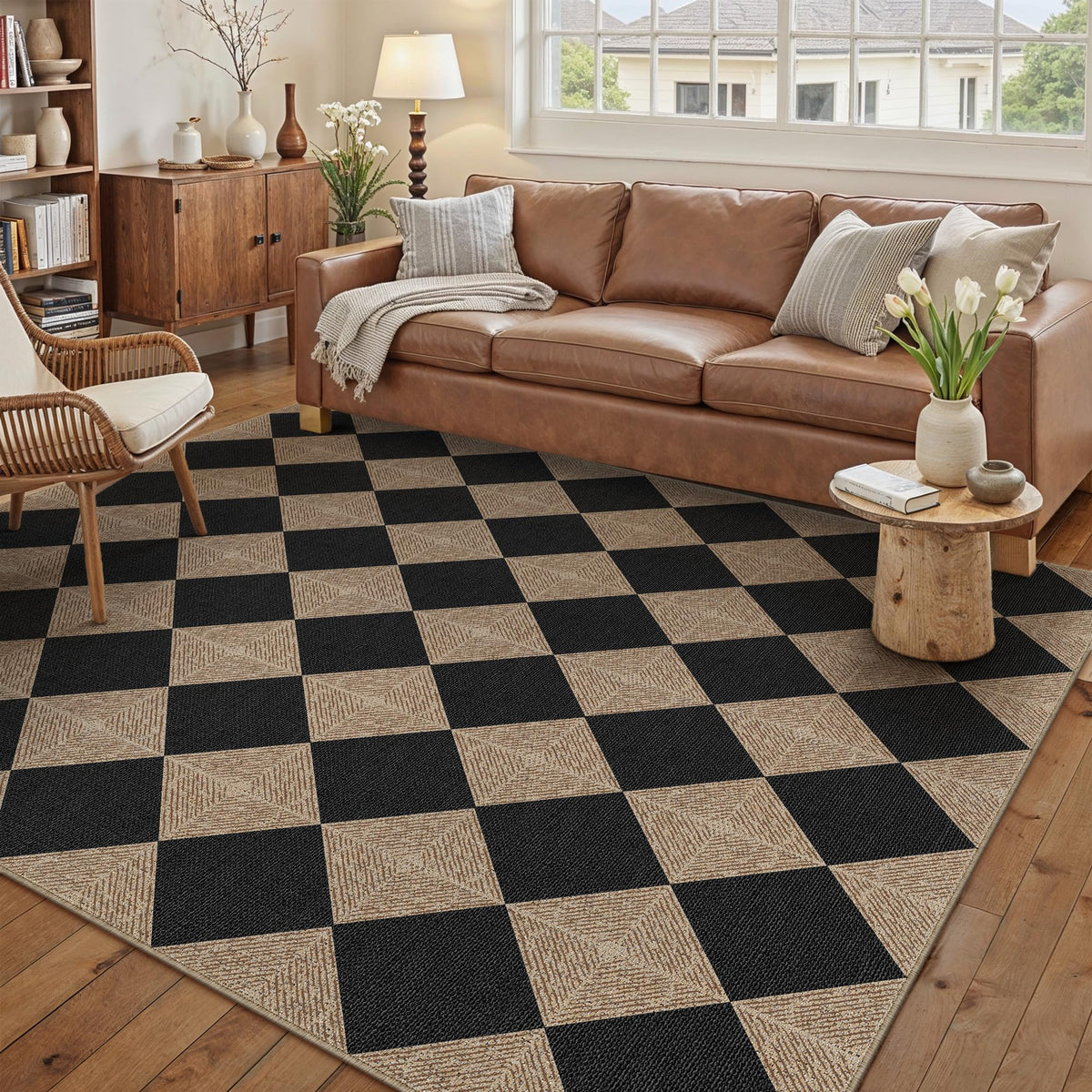 PureCozy 5x7 checkered rug in living room setting offers durable indoor-outdoor versatility.