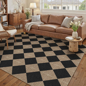 PureCozy 5x7 checkered rug in living room setting offers durable indoor-outdoor versatility.