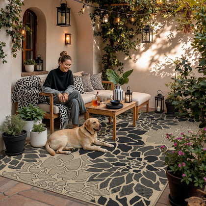 PureCozy 5x7 outdoor rug with black floral texture for stylish porch accents