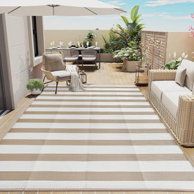 PureCozy beige-striped rug on deck ready for entertaining and easy cleanup