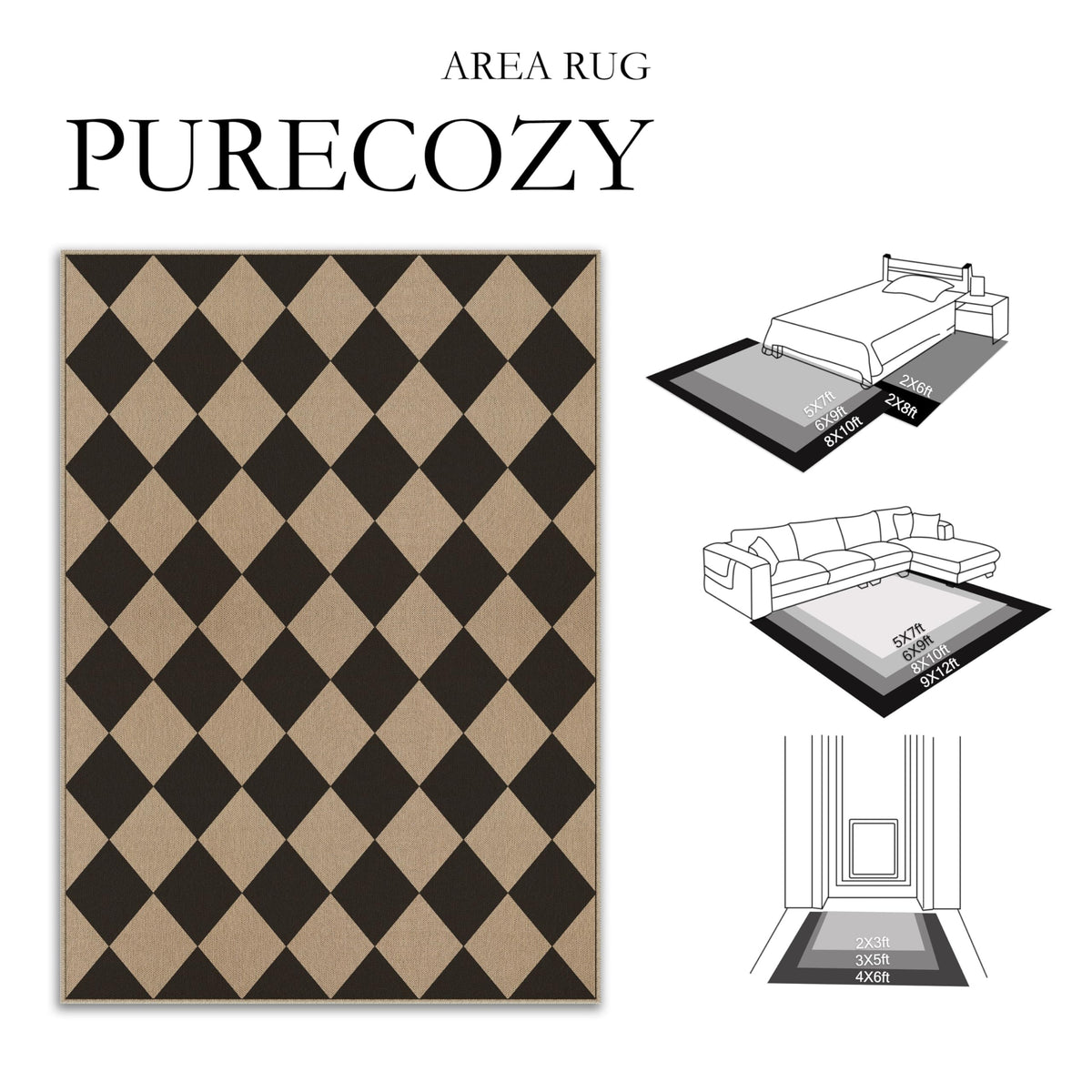 PureCozy checkered rug for dining room anchors space and eases cleanups.