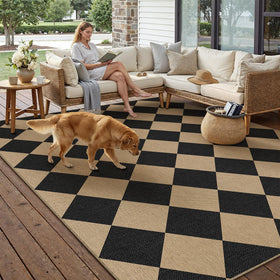 PureCozy checkered rug for living room with modern farmhouse style and non-slip safety.