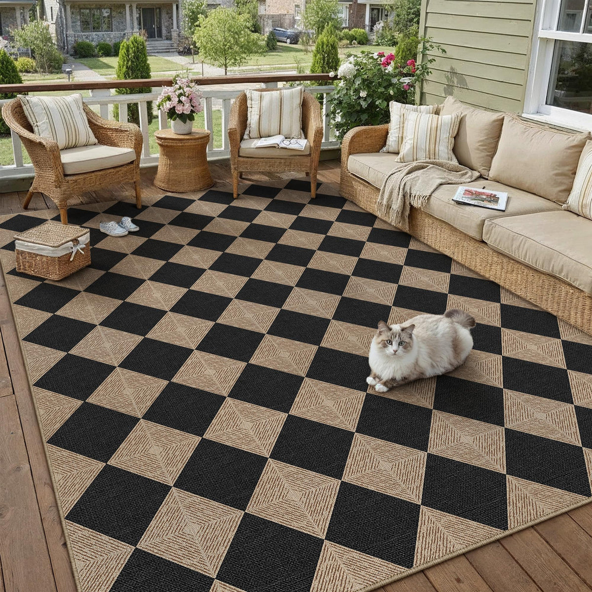PureCozy checkered rug with non-slip backing helps prevent slips in high-traffic areas.