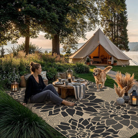 PureCozy deck rug with indoor-outdoor textured border for versatile use