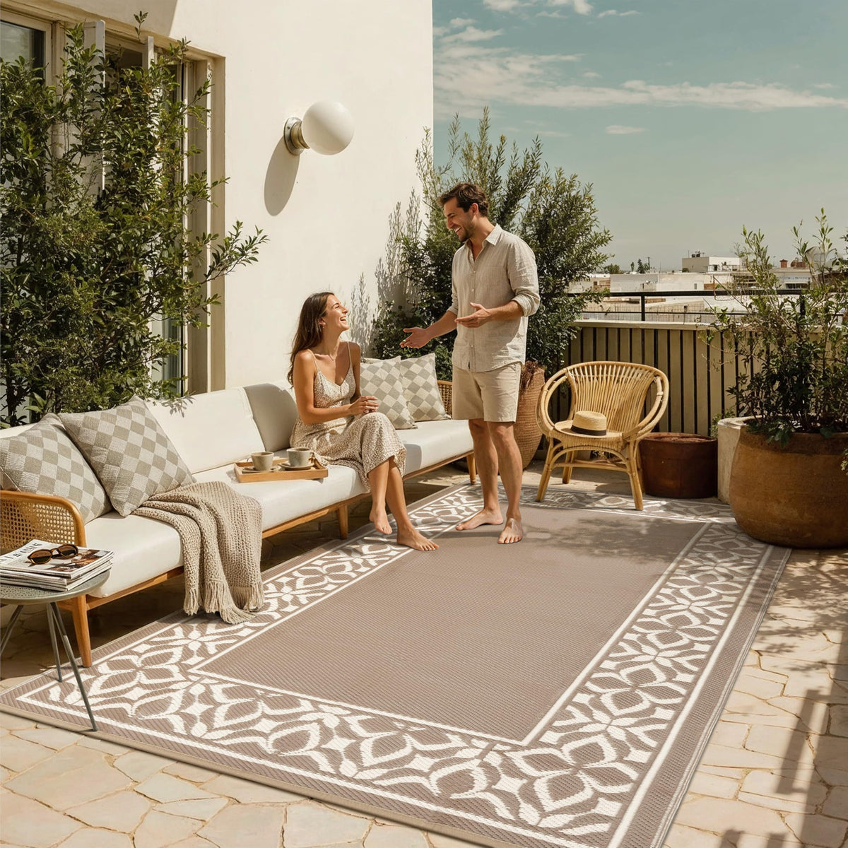 PureCozy outdoor rug 5x8 beige-brown front view shows soft, barefoot-friendly underfoot comfort