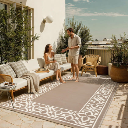 PureCozy outdoor rug 5x8 beige-brown front view shows soft, barefoot-friendly underfoot comfort