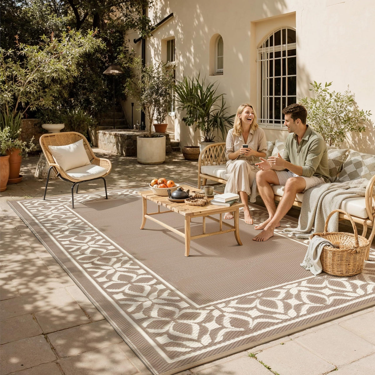 PureCozy outdoor rug geometric pattern on deck adds modern look