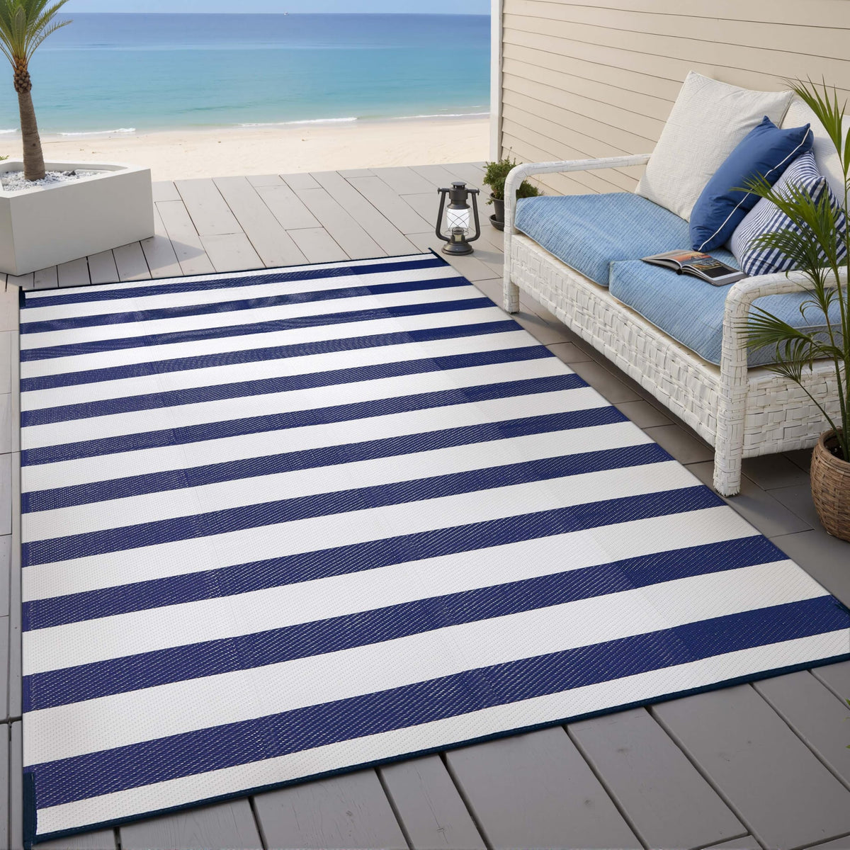 PureCozy outdoor rug 6x9 navy stripe, durable and weather-ready.