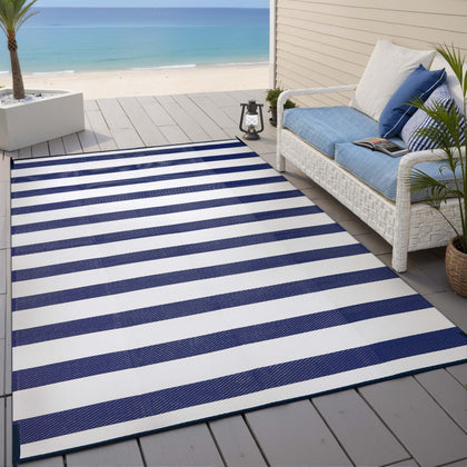 PureCozy outdoor rug 6x9 navy stripe, durable and weather-ready.