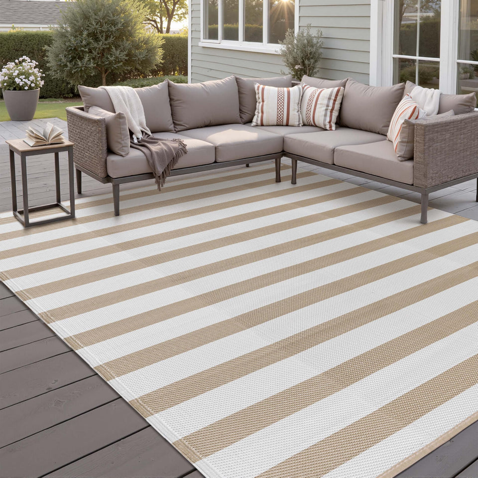 PureCozy outdoor rug beige stripe; two versatile looks for patios
